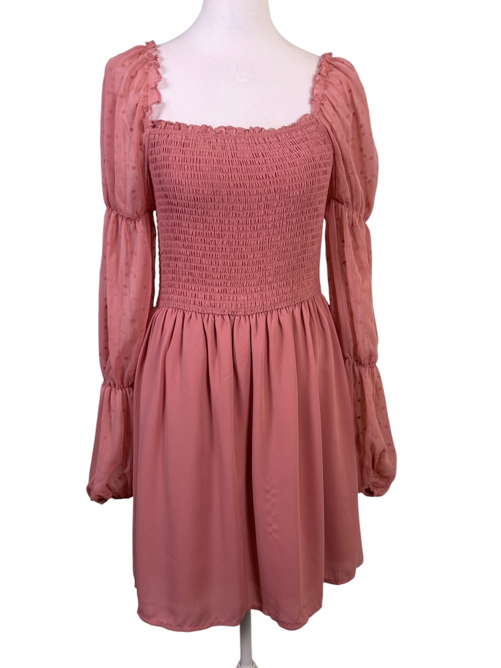 Allison & Kelly Dusty Rose Smocked Swiss Dot Puff Sleeve Dress M - Picture 2 of 10